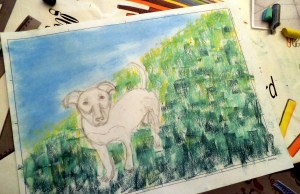 Dibujo de perro a pastel hecho por niños.