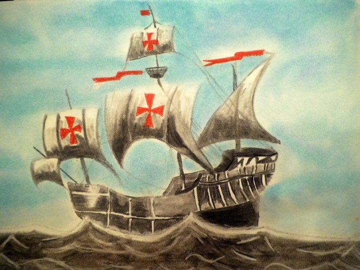 Dibujo carabela Cristobal Colon en pastel y carboncillo hecho por niña 10 años