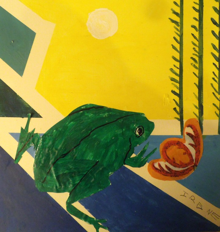 Collage de una rana realizado por niña en acrilico y tela