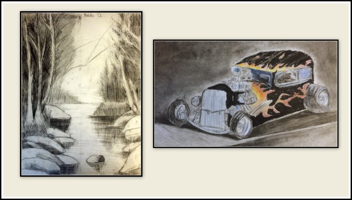 Cuadros de paisaje con rio y coche de epoca en carboncillo