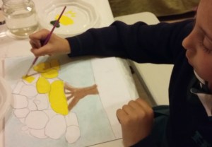 dibujo con acrilico y pasteles realizado por niña de 6 años