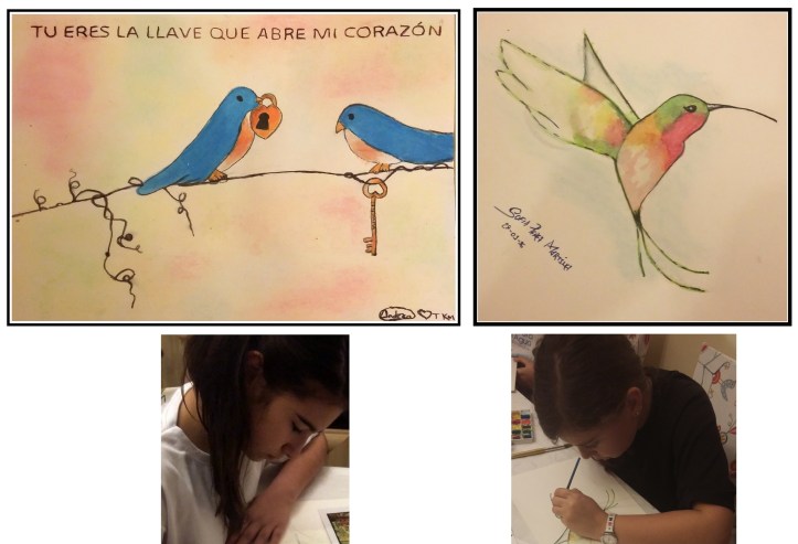 CUADROS PAJAROS EN ACUARELA ACRILICO Y PASTEL HECHOS POR NIÑOS EN EL ESTUDIO DE CRIS