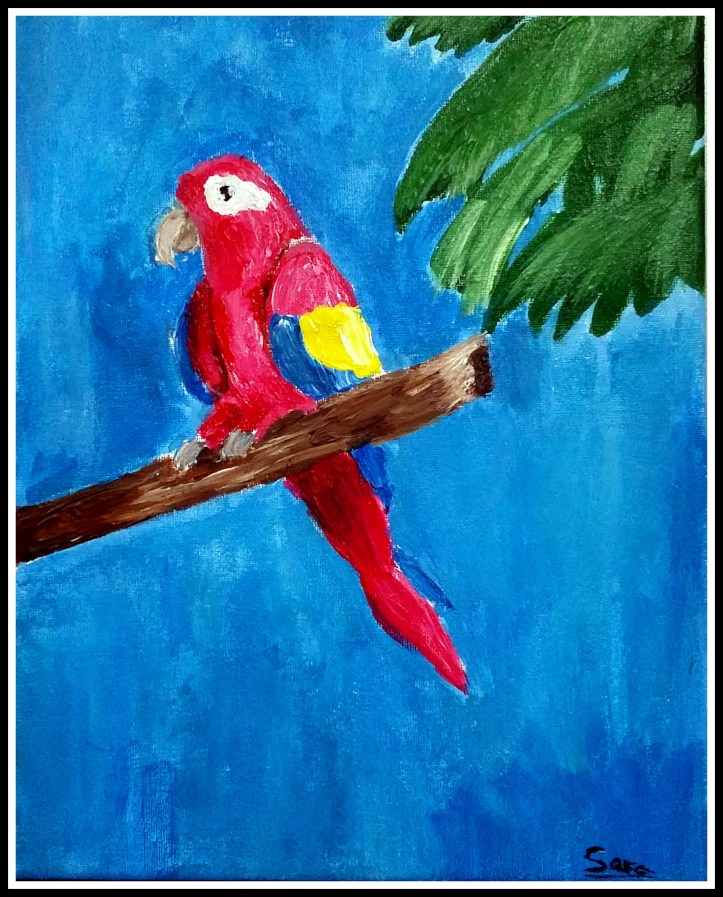CUADRO DE UN LORO EN ACRILICO OLEO PINTADO POR NIÑA