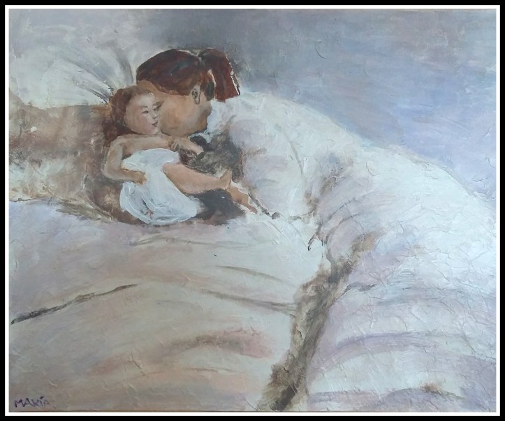CUADRO MADRE Y NIÑO PINTADO OLEO POR NIÑA