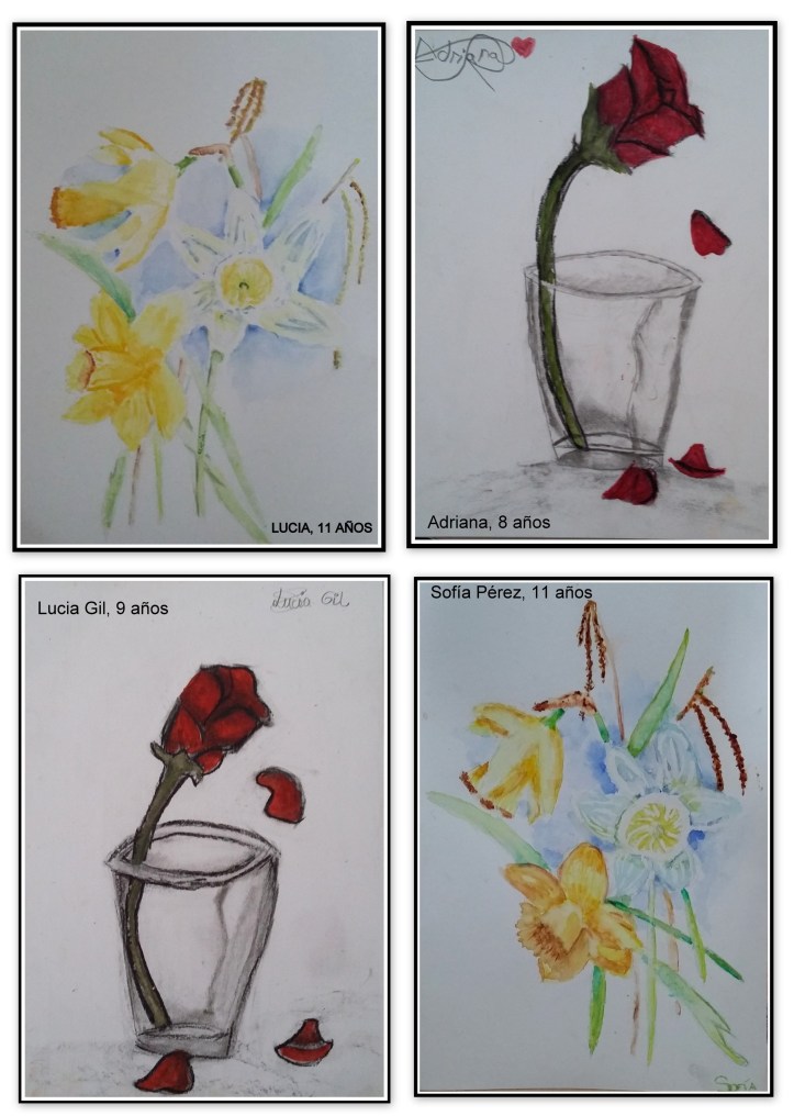 CUADROS DE FLORES PINTADAS EN ACUARELA Y CARBONCILLO REALIZADOS POR NIÑOS