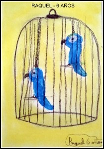 Pajaros en jaula en acrilico y pastel por niña de  6 años