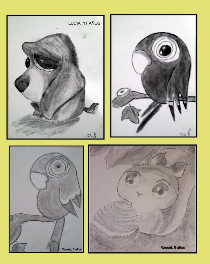 perro, loro y aridlla pintados en carboncillo por niños