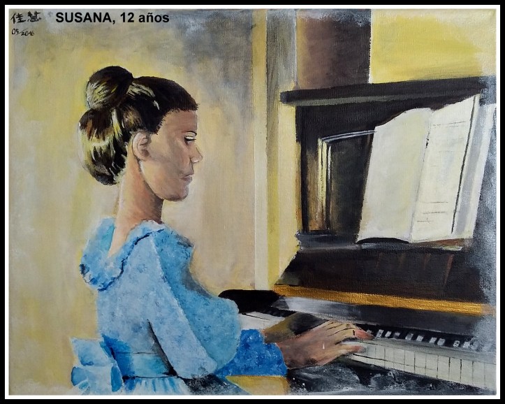 CUADRO NIÑA TOCANDO EL PIANO AL OLEO Y ACRILICIO PINTADO POR NIÑA DE 12 AÑOS