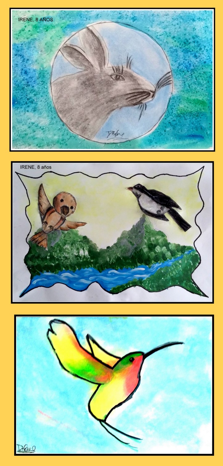 dibujos arboles y animales en acuarela y pastel para niños