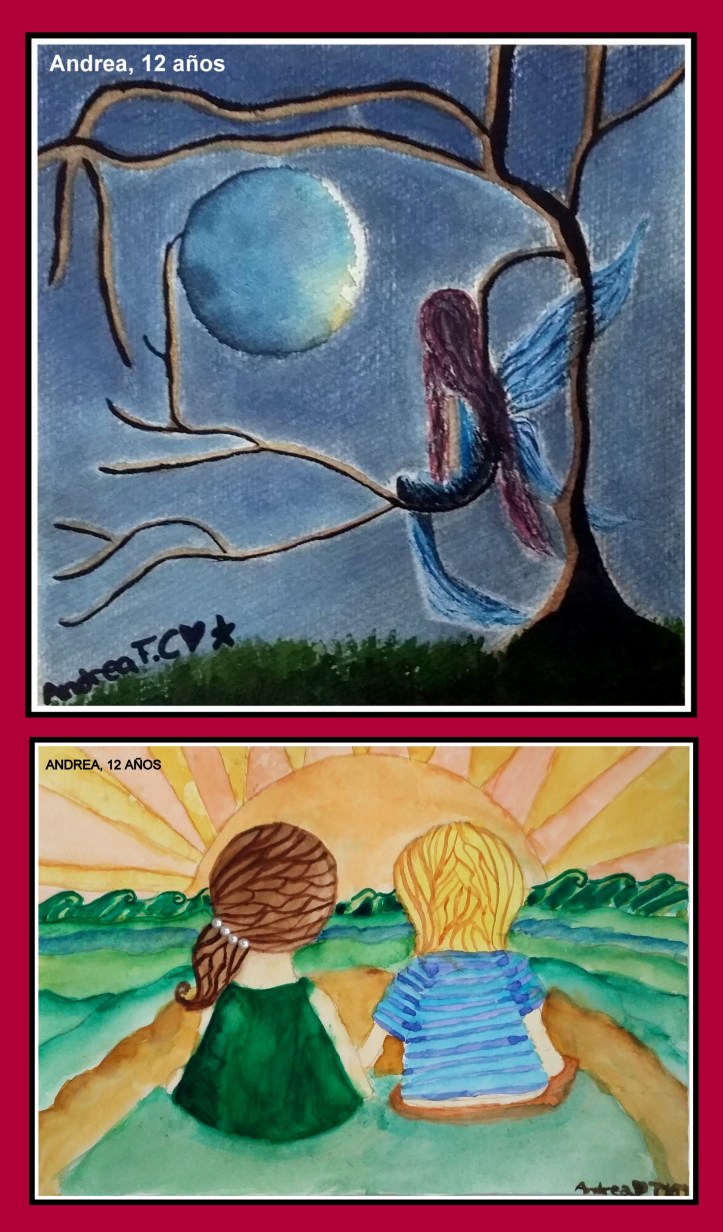 dibujos de amistad y fantasia en acuarela hechos por niña de 12 años