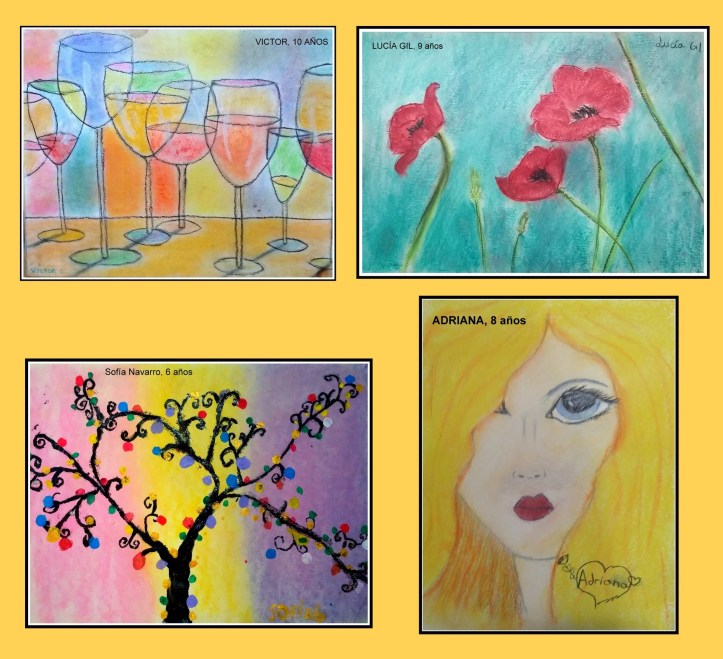 dibujos tecnica pastel copas cristal, flores, retrato y arboles fantasia por niños