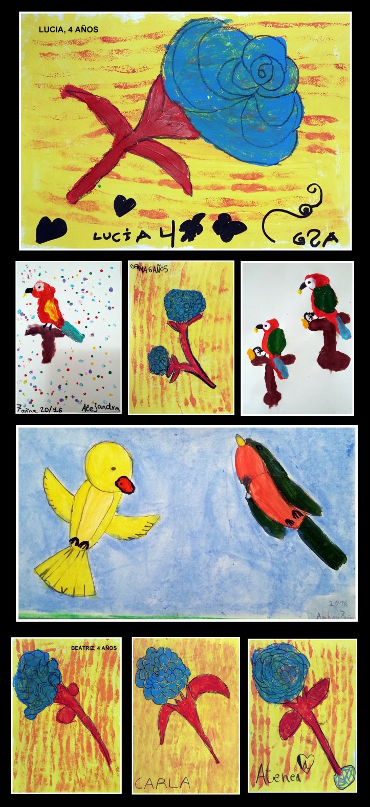 DIBUJOS DE FLORES Y PAJAROS HECHOS POR NIÑOS DE 4 A 7 AÑOS EN OLEO ACRILICO