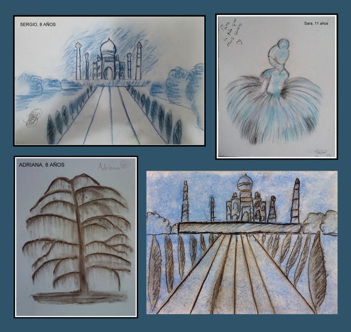 DIBUJOS DEL TAJ MAHAL HECHOS POR NIÑOS EN CARBONCILLO Y PASTEL AZUL
