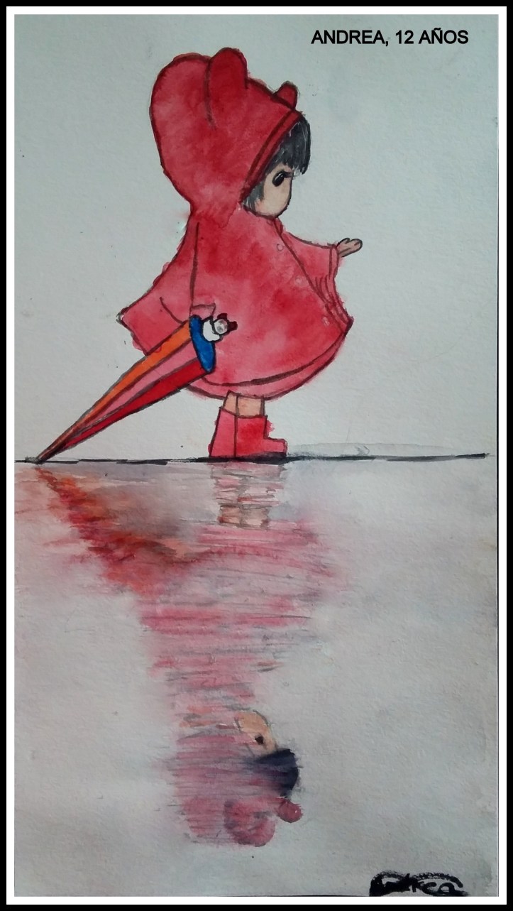 Andrea 12 años pinta reflejos agua en acuarela
