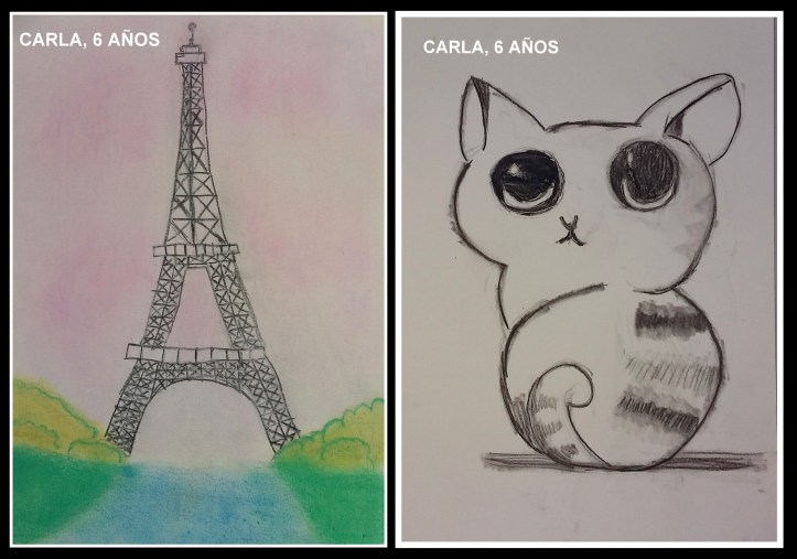 carla 6 años pinta torre eiffel y animales carboncillo para niños