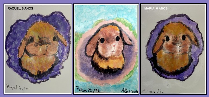 Cuadros conejos en oleo acrilico pintados por niñas