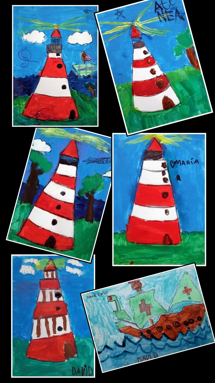 dibujos de faros y barcos hechos por niños en temperas