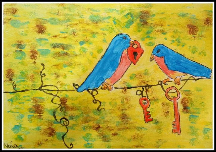 Naia, 12 años, pajaritos en oleo acrilico