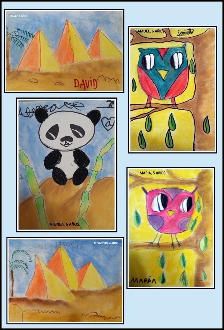 piramides y animales pintados con ceras por niños