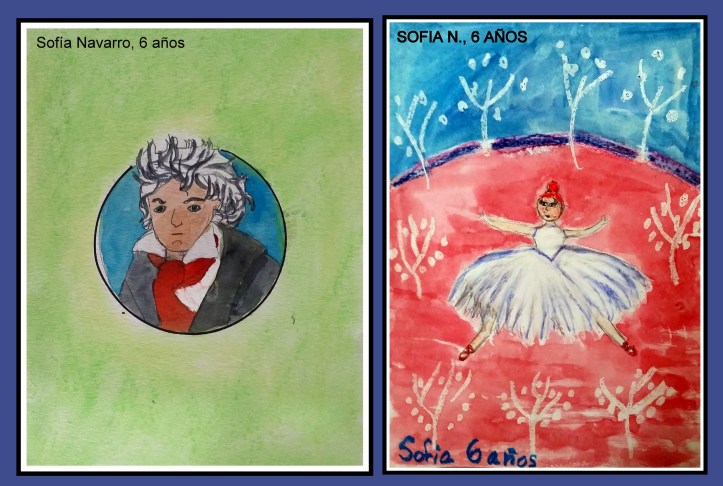 Sofia N 6 años pinta bethoveen y bailarina con acuarela y pasteles academia pintura niños torrejon de ardoz