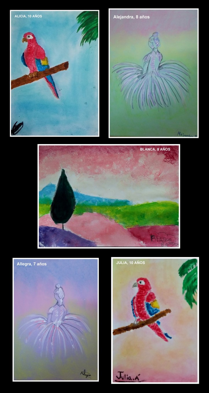 dibujos-de-loros-bailarina-y-paisajes-en-pastel-y-acrilico-hechos-por-ninos-taller-arte-infantil-torrrejon-de-ardoz