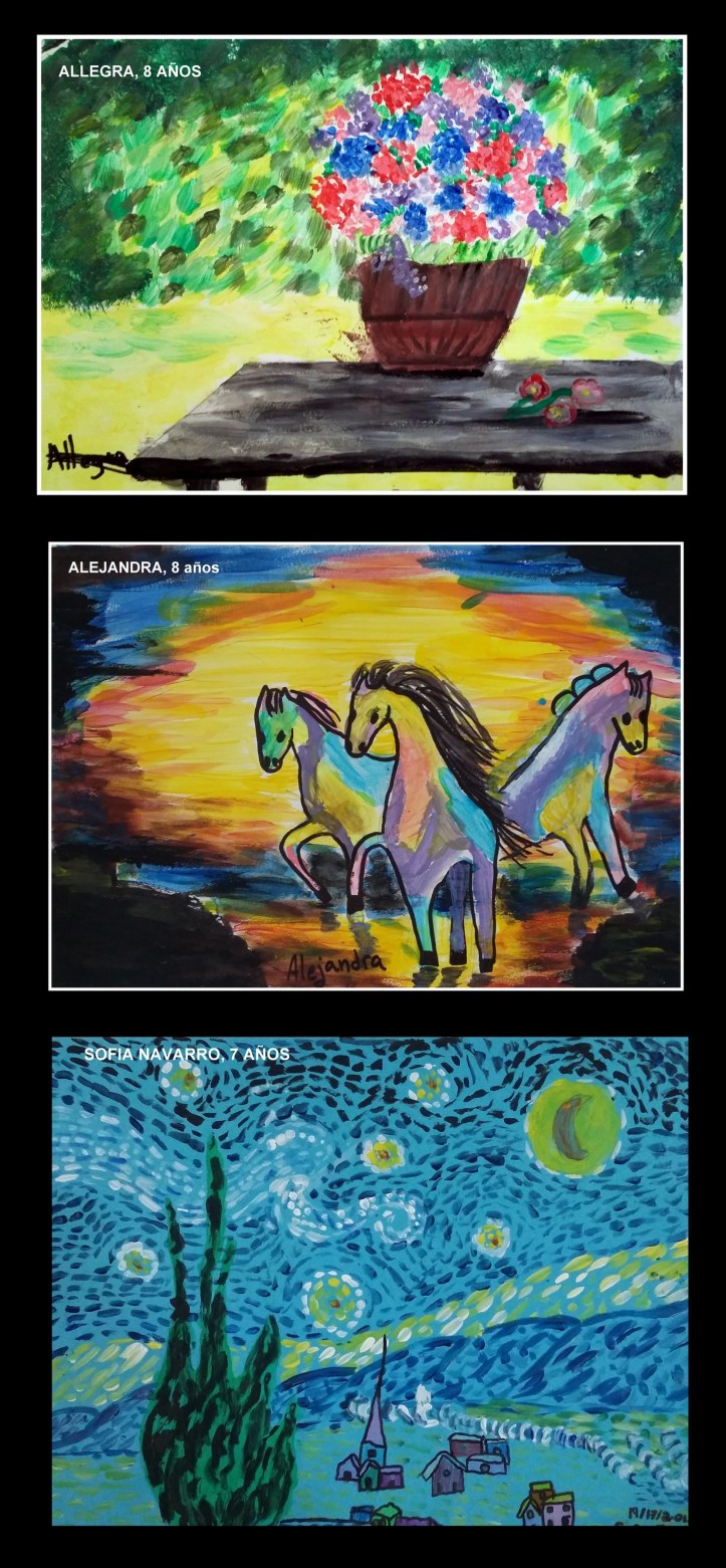 van gogh flores y caballos pintados por niños de 7 y 8 años