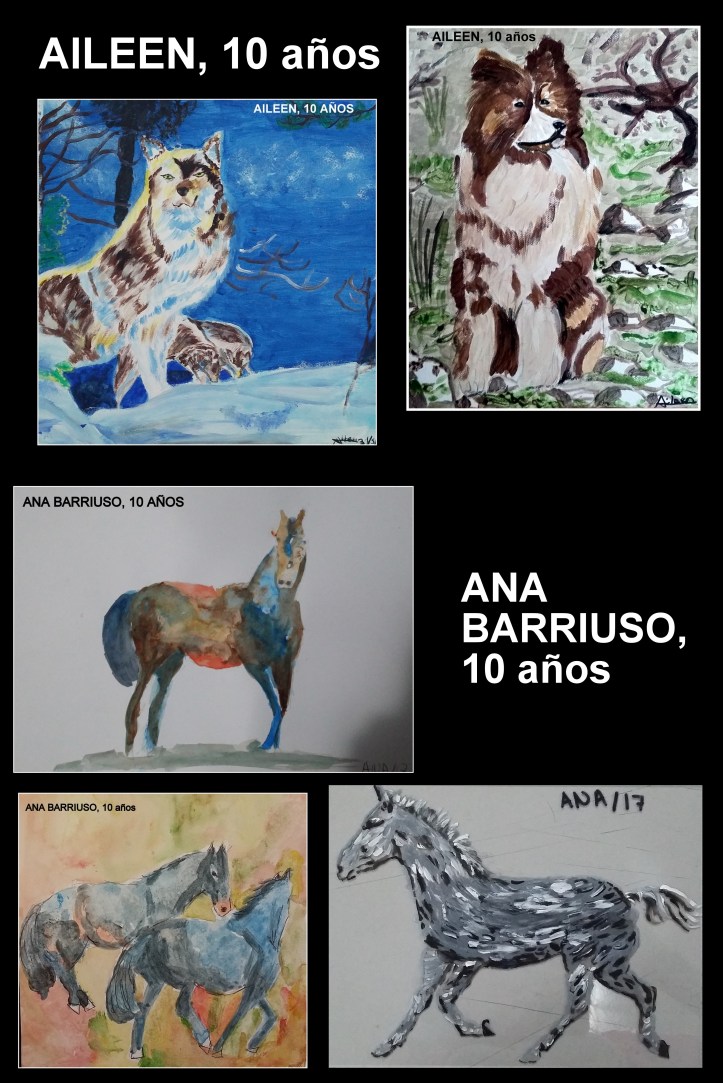Caballos y perros pintados por niños en oleo y acuarelaa
