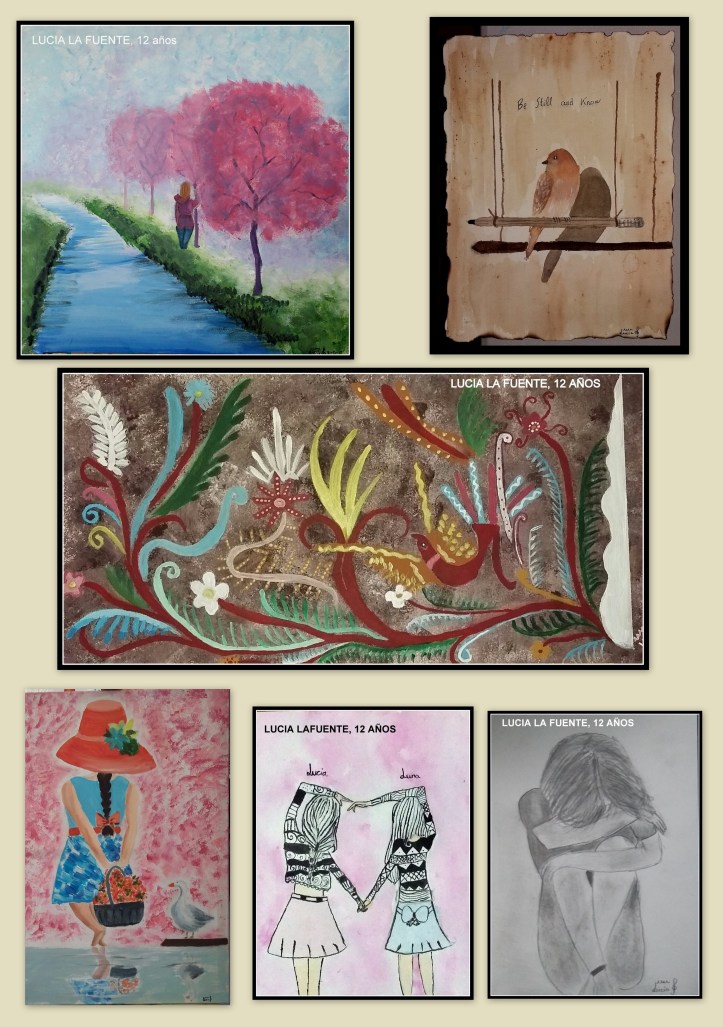 paisajes y bailarinas pintados en espatula y acuarela por niños